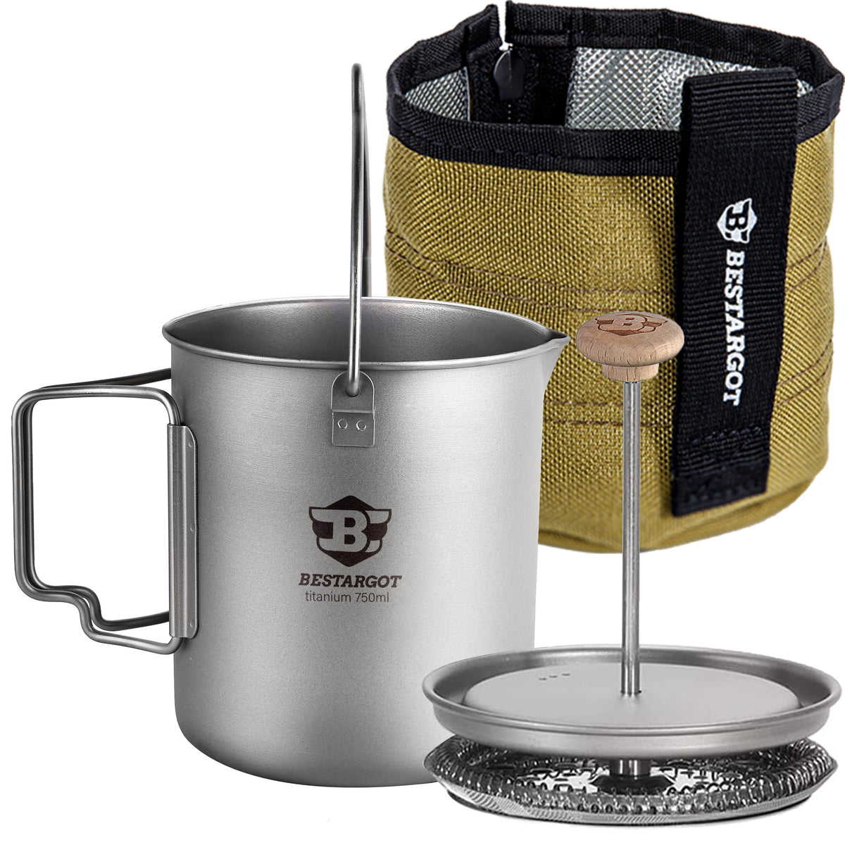 Bestargot Camping Titanium French Press Coffee Maker with Insulated Cup Sleeves, 750ml Titanium Pot, for Hiking, Backpacking, Road tripping