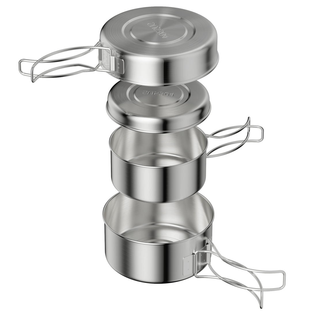Stainless Steel Camping Cookware Set, 4-piece Camping Pot Pan Set, 600ml and 900ml, Foldable and Stackable