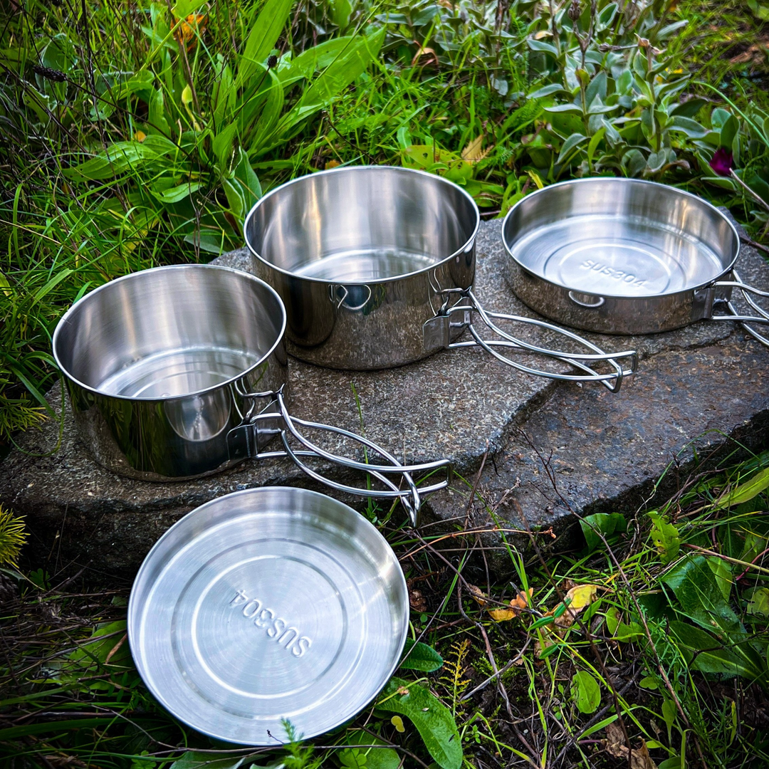 Stainless Steel Camping Cookware Set, 4-piece Camping Pot Pan Set, 600ml and 900ml, Foldable and Stackable
