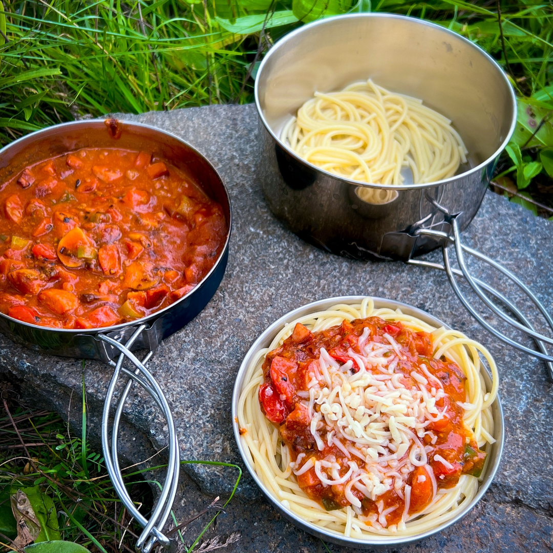 Stainless Steel Camping Cookware Set, 4-piece Camping Pot Pan Set, 600ml and 900ml, Foldable and Stackable