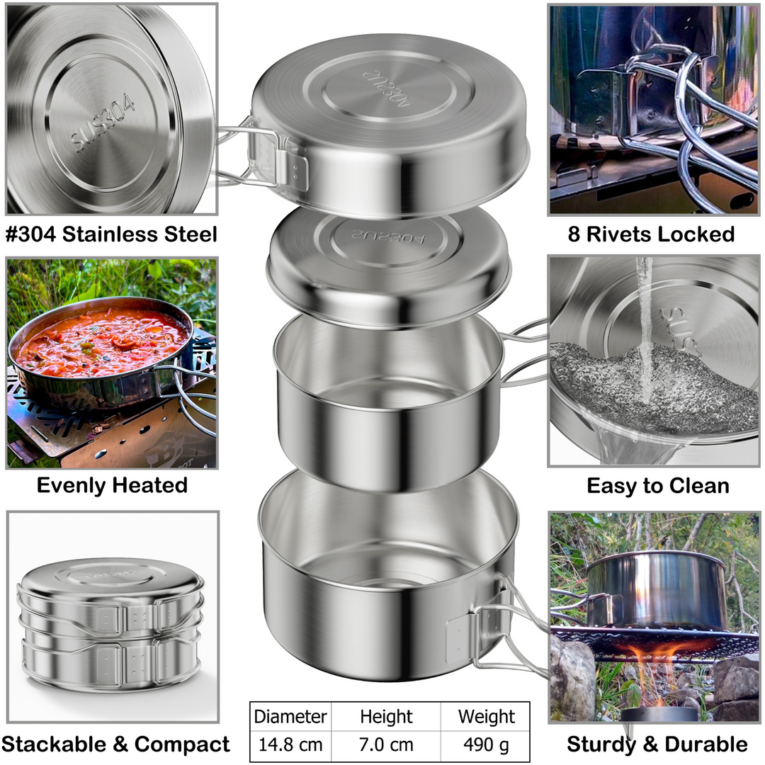 Camping Cookware Set Stainless Steel, 4-piece Camping Pot Pan Set, 600ml and 900ml, Foldable and Stackable
