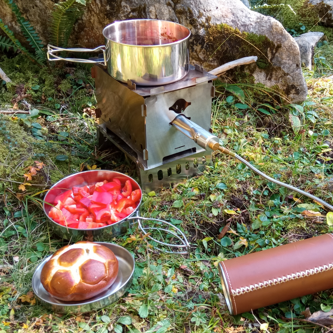 Stainless Steel Camping Cookware Set, 4-piece Camping Pot Pan Set, 600ml and 900ml, Foldable and Stackable