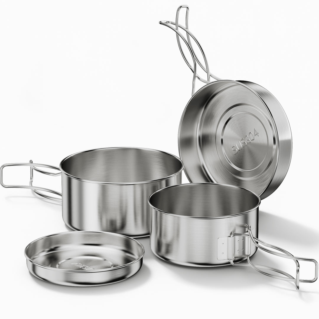 Stainless Steel Camping Cookware Set, 4-piece Camping Pot Pan Set, 600ml and 900ml, Foldable and Stackable