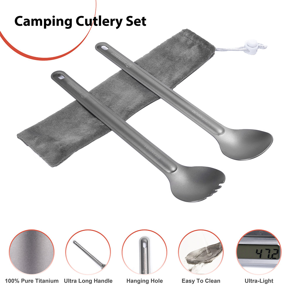 Bestargot Titanium Spoons Long Handle Spoons Spork Camping Cutlery, Ultralight Titanium Camping Cutlery Set, Outdoor Travel Cutlery, 2-Piece