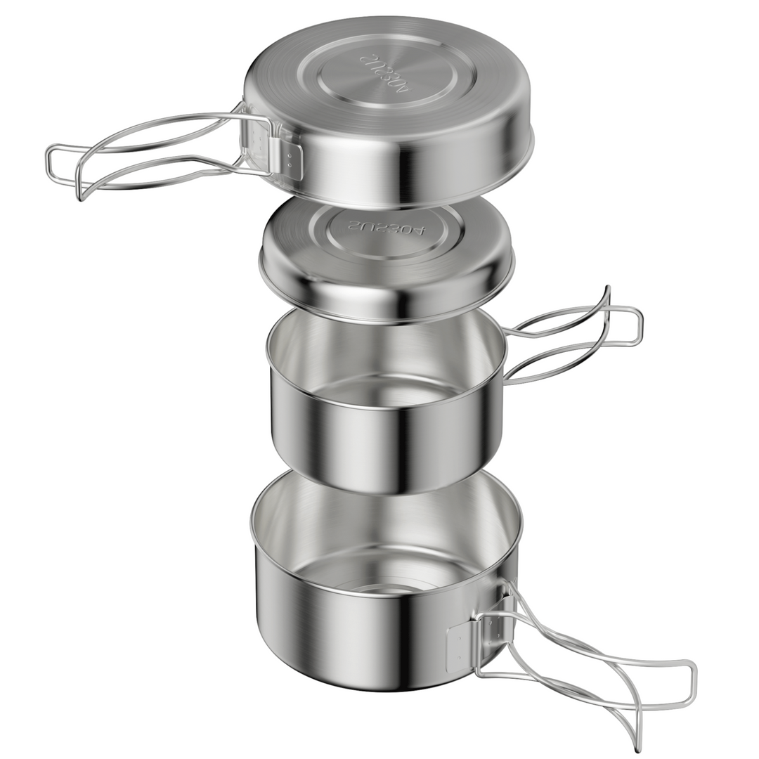 Batterie de cuisine de camping en acier inoxydable, ensemble de casseroles de camping 4 pièces, 600 ml et 900 ml, pliable et empilable